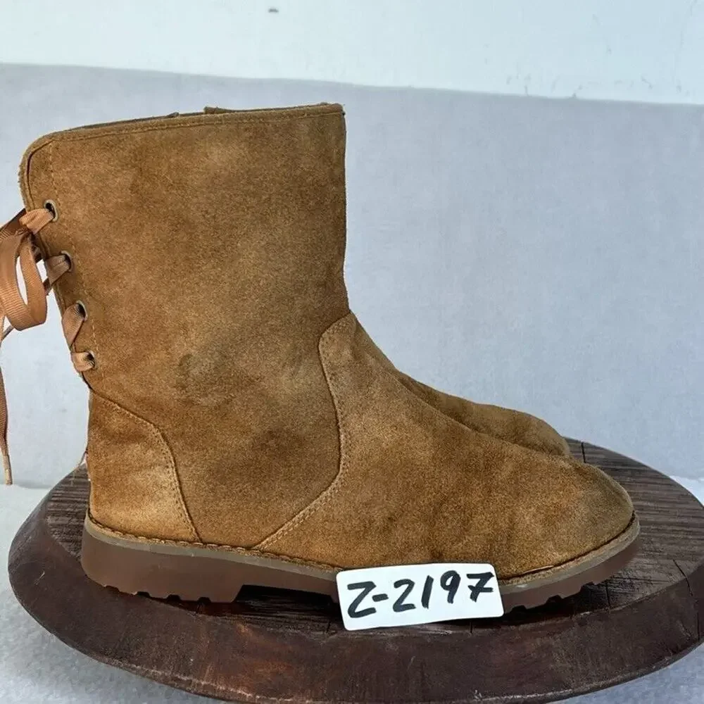 UGG Boots Kids Size 4 Corene Chestnut Suede Lace Up Side Zip